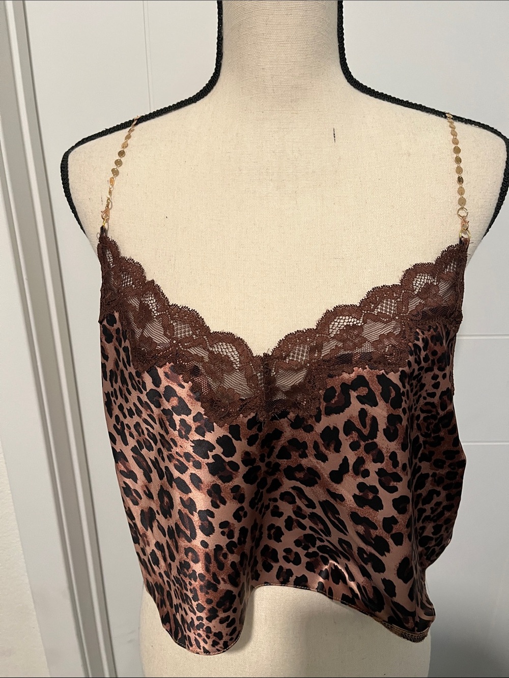 Dreamgirl Leopard Satin Lace Cami Cropped Chain Straps Top Feminine Vamp NWT